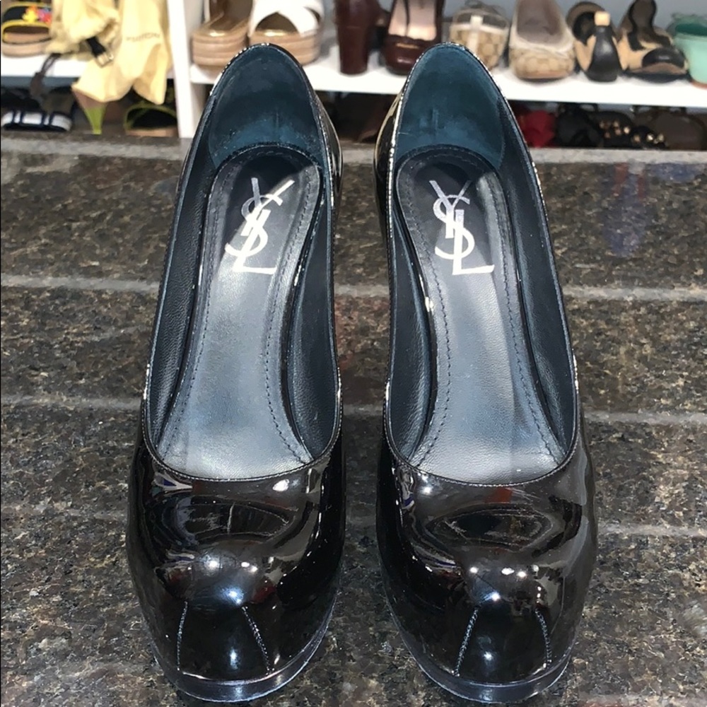 YSL Round Toe Platform Pumps Black Leather 38.5